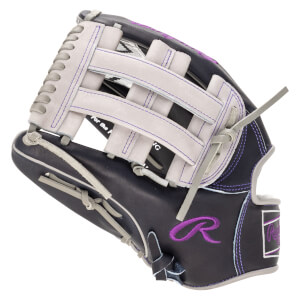 Side view of a dark purple baseball glove with a grey web, purple stitching, and a purple "R" logo.