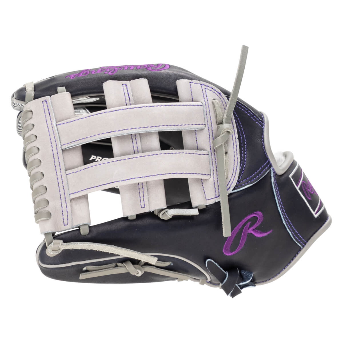 Side view of a dark blue baseball glove with purple stitching, a white web, and a purple "R" logo.