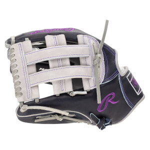 Side view of a dark blue baseball glove with purple stitching, a white web, and a purple "R" logo.