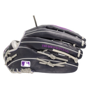Side view of a dark navy baseball glove with purple stitching, white piping, and "THE GOLD GLOVE CO." text.