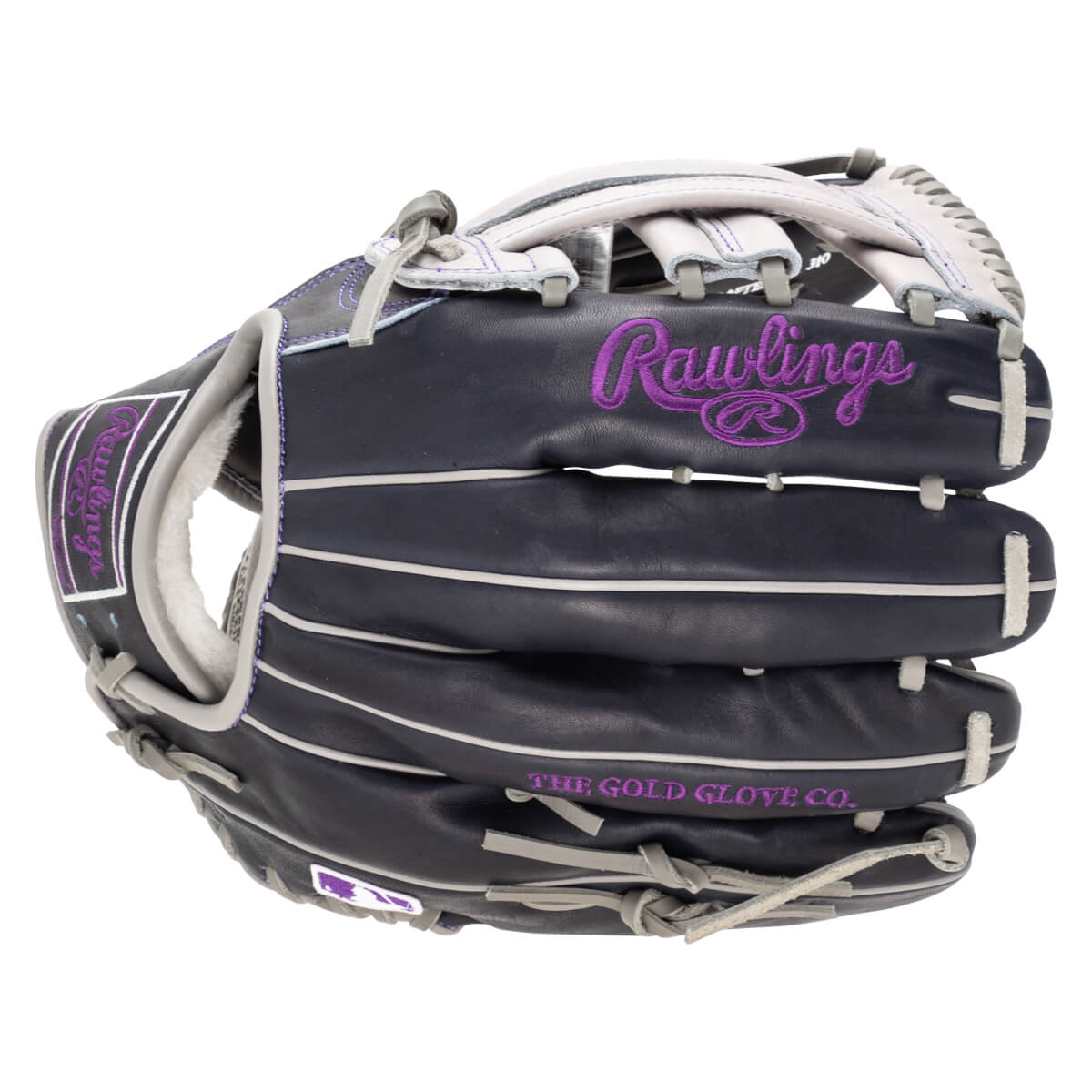 Front view of a navy Rawlings baseball glove with purple stitching and embroidery that reads "Rawlings" and "THE GOLD GLOVE CO.".