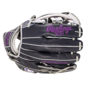 Front view of a navy Rawlings baseball glove with purple stitching and embroidery that reads "Rawlings" and "THE GOLD GLOVE CO.".
