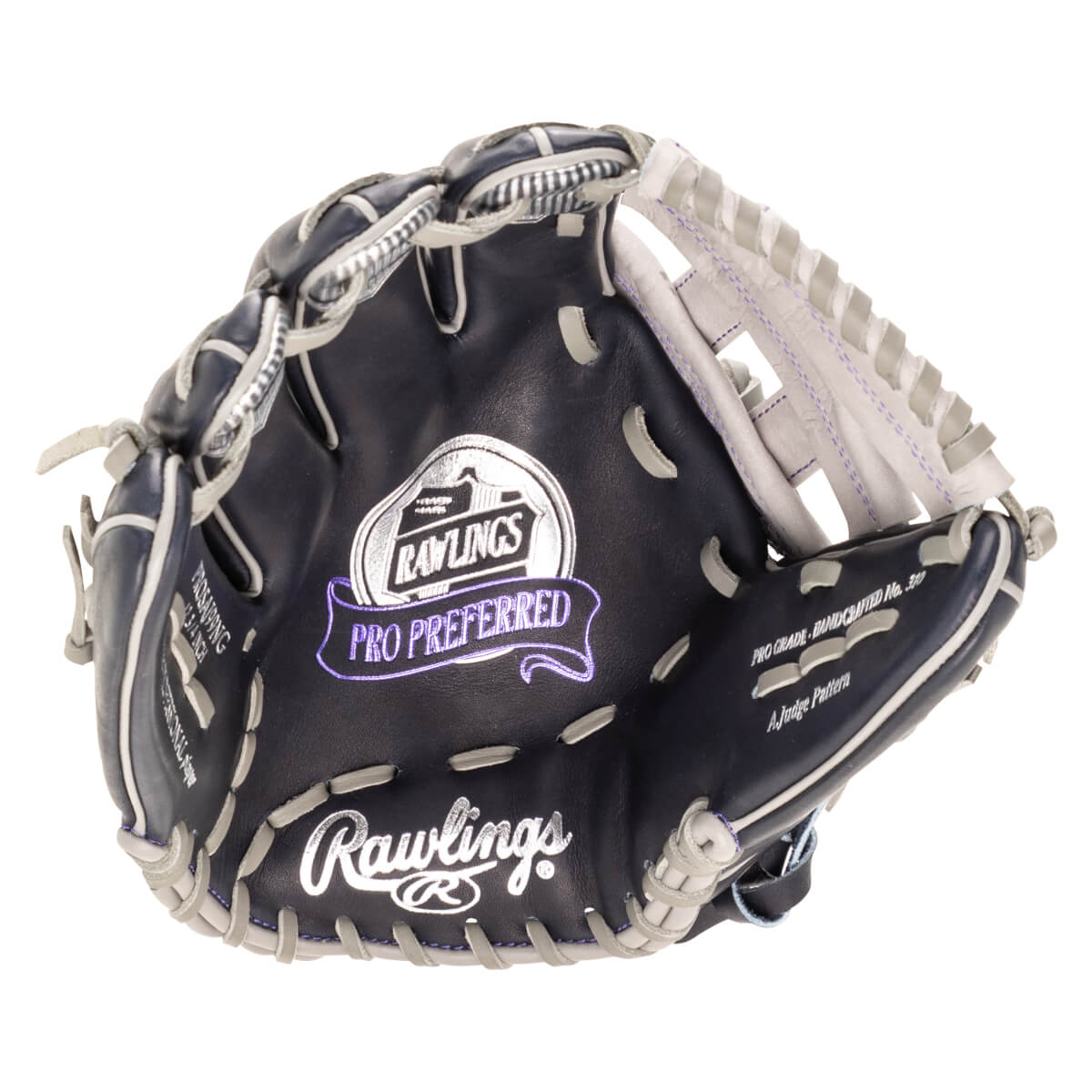 Top-down view of a navy Rawlings Pro Preferred baseball glove with silver and purple accents.