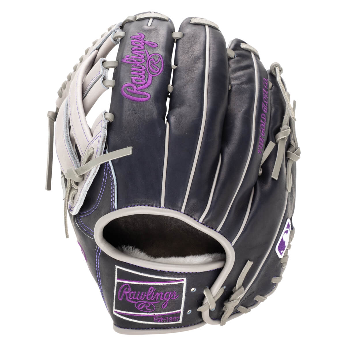 Front view of a navy baseball glove with purple Rawlings embroidery and white stitching.