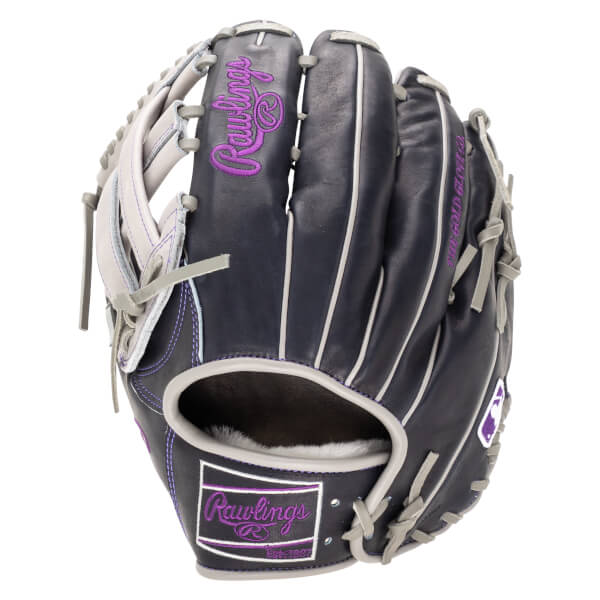 Front view of a navy baseball glove with purple Rawlings embroidery and white stitching.