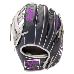Front view of a navy baseball glove with purple Rawlings embroidery and white stitching.