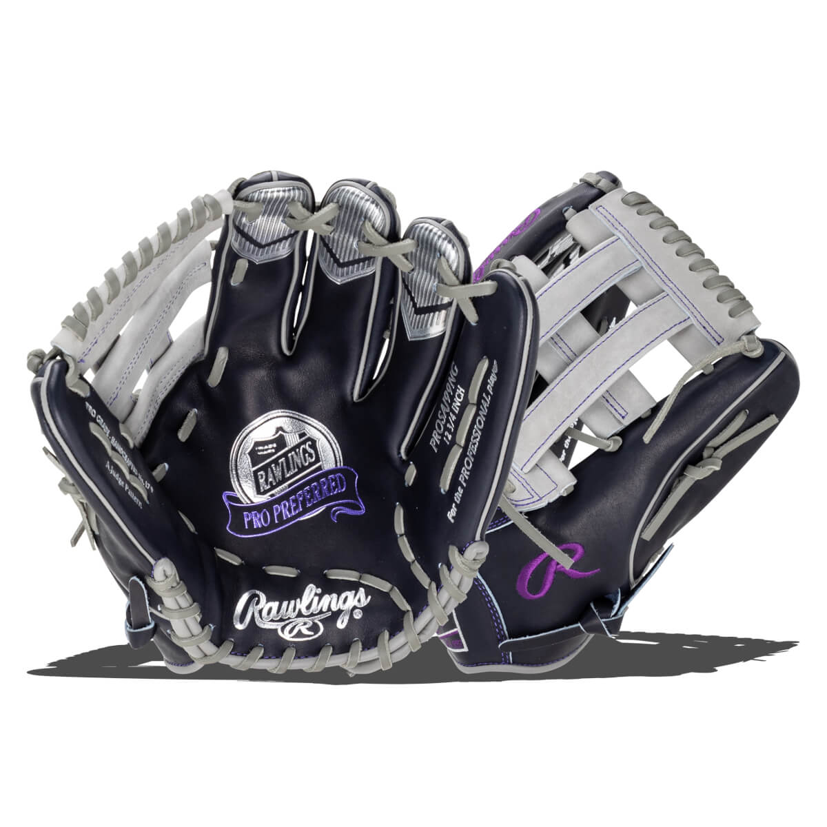 Front view of a navy and white Rawlings Pro Preferred baseball glove with purple accents and "PRO PREFERRED" text.