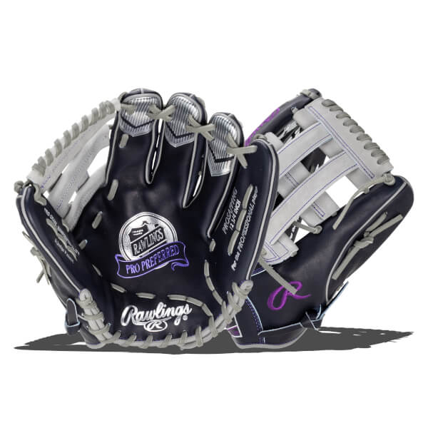 Front view of a navy and white Rawlings Pro Preferred baseball glove with purple accents and "PRO PREFERRED" text.