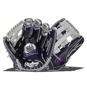 Front view of a navy and white Rawlings Pro Preferred baseball glove with purple accents and "PRO PREFERRED" text.