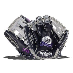 Front view of a navy baseball glove with silver accents and purple stitching, showing the Rawlings logo.