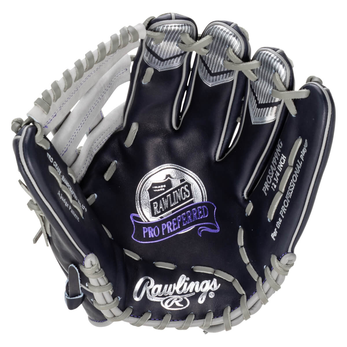 Front view of a navy Rawlings Pro Preferred baseball glove with silver accents and "PRO PREFERRED" text.