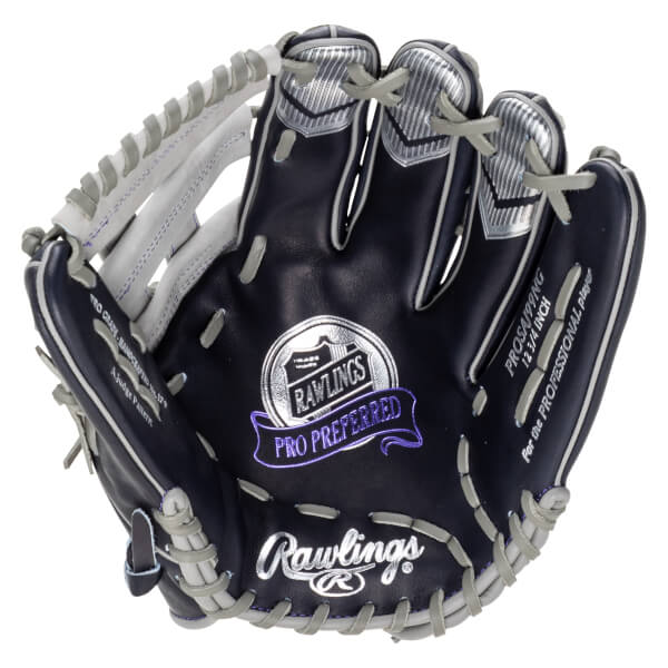 Front view of a navy Rawlings Pro Preferred baseball glove with silver accents and "PRO PREFERRED" text.