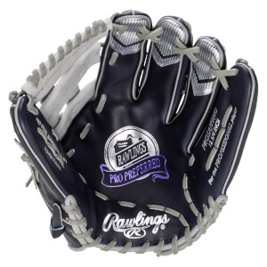 Front view of a navy Rawlings Pro Preferred baseball glove with silver accents and "PRO PREFERRED" text.