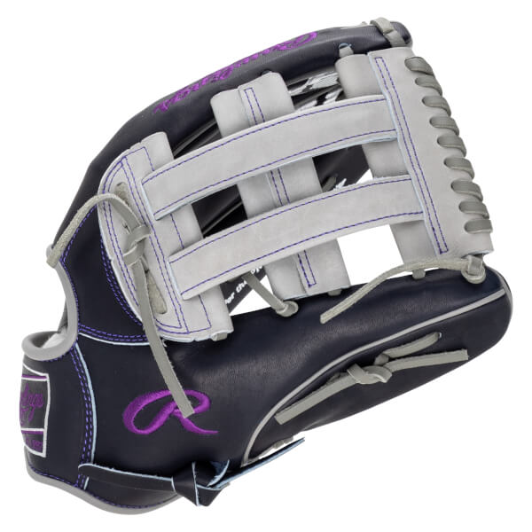 Side view of a navy baseball glove with purple stitching and a white "R" logo.