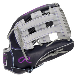 Side view of a navy baseball glove with purple stitching and a white "R" logo.