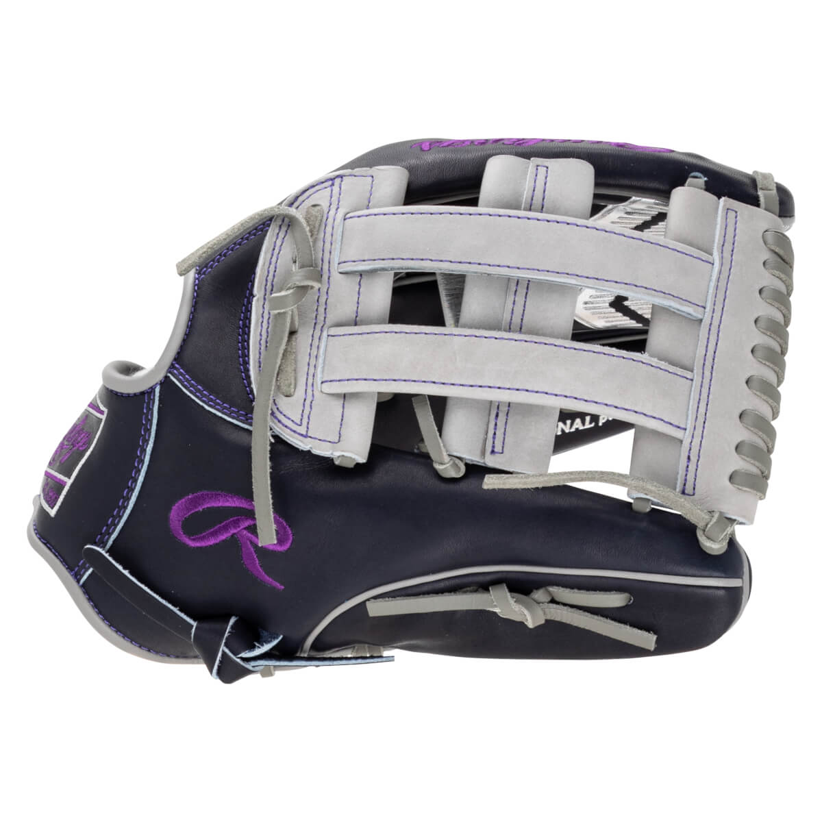 Side view of a navy baseball glove with purple stitching and a purple ribbon logo.