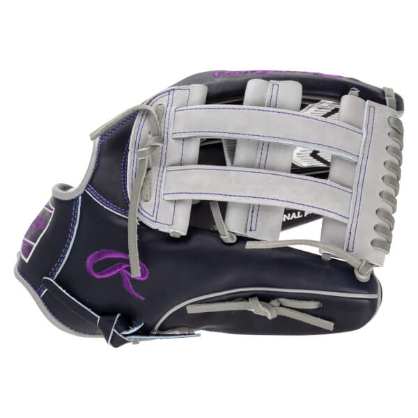 Side view of a navy baseball glove with purple stitching and a purple ribbon logo.