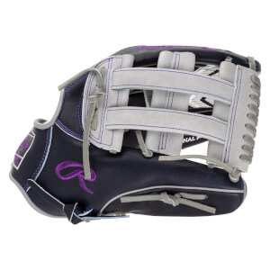 Side view of a navy baseball glove with purple stitching and a purple ribbon logo.