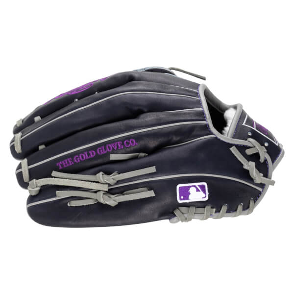 Side view of a navy baseball glove with purple stitching and "THE GOLD GLOVE CO." text.