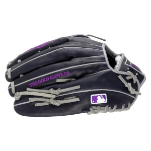 Side view of a navy baseball glove with purple stitching and "THE GOLD GLOVE CO." text.