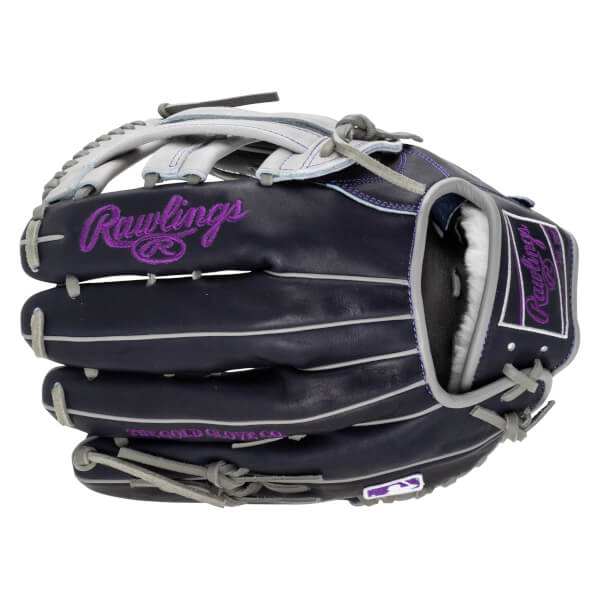 Front view of a navy baseball glove with purple "Rawlings" embroidery and white stitching.