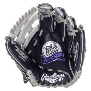 Top-down view of a navy baseball glove with silver Rawlings logo and "PRO PREFERRED" text.