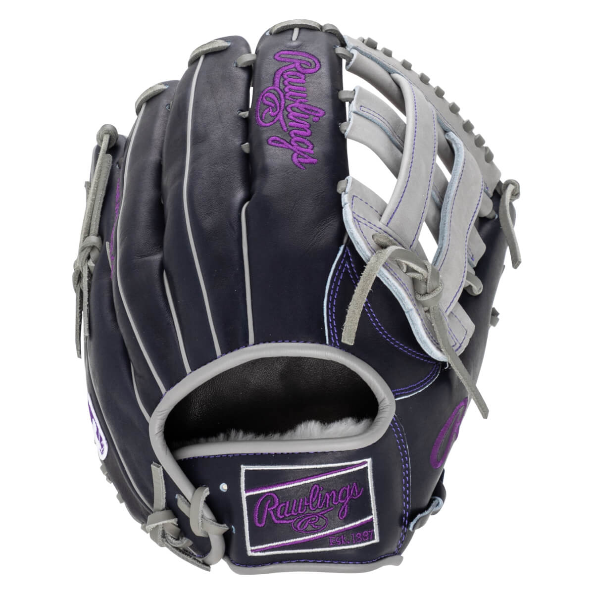 Front view of a navy baseball glove with purple Rawlings embroidery and gray lacing.