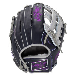 Front view of a navy baseball glove with purple Rawlings embroidery and gray lacing.