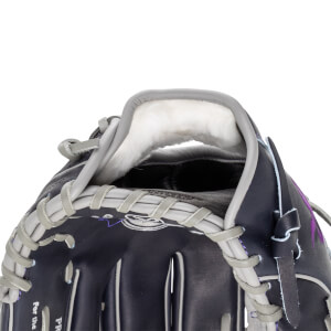 Close-up of the interior of a navy baseball glove, showing white fur lining and grey lacing.