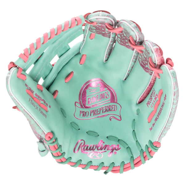 Top-down view of a mint green Rawlings Pro Preferred baseball glove with pink lacing and a pink Rawlings logo.