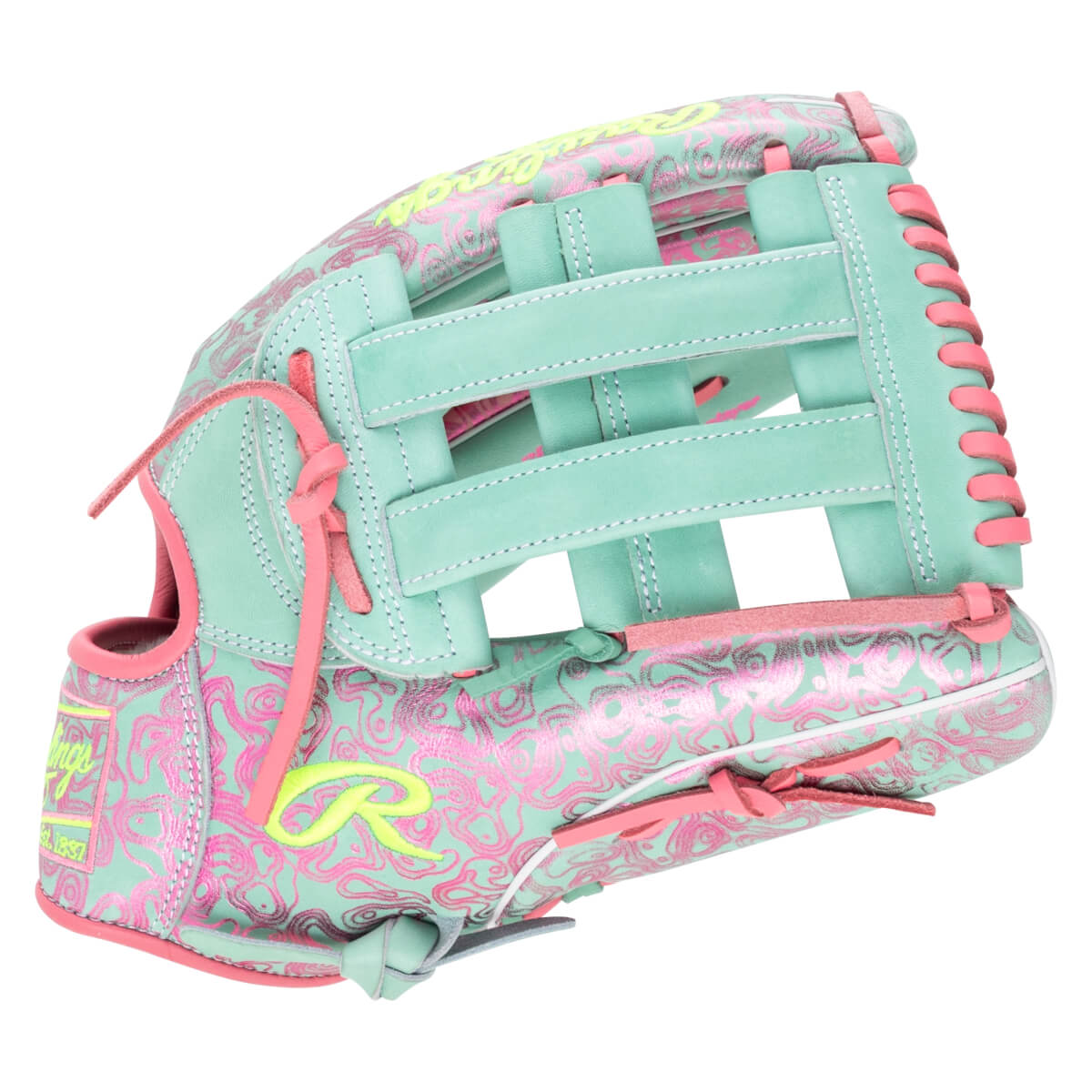 Side view of a teal baseball glove with pink swirl pattern, pink lacing, and a yellow Rawlings logo.