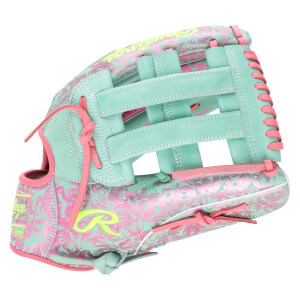 Side view of a teal baseball glove with pink swirl pattern, pink lacing, and a yellow Rawlings logo.