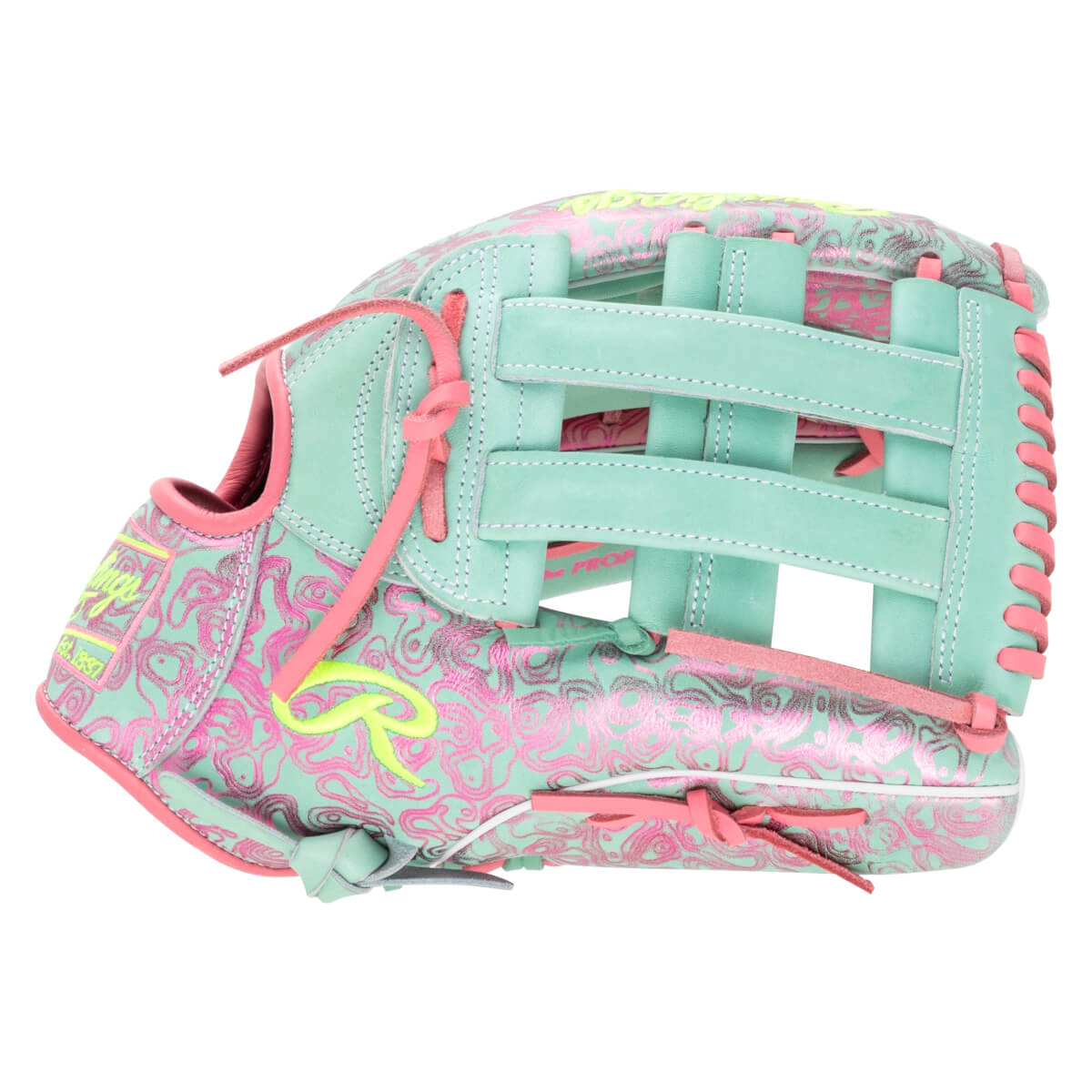Side view of a mint green baseball glove with pink swirling patterns, a pink Rawlings "R" logo, and "1937" visible.