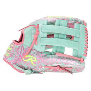 Side view of a mint green baseball glove with pink swirling patterns, a pink Rawlings "R" logo, and "1937" visible.