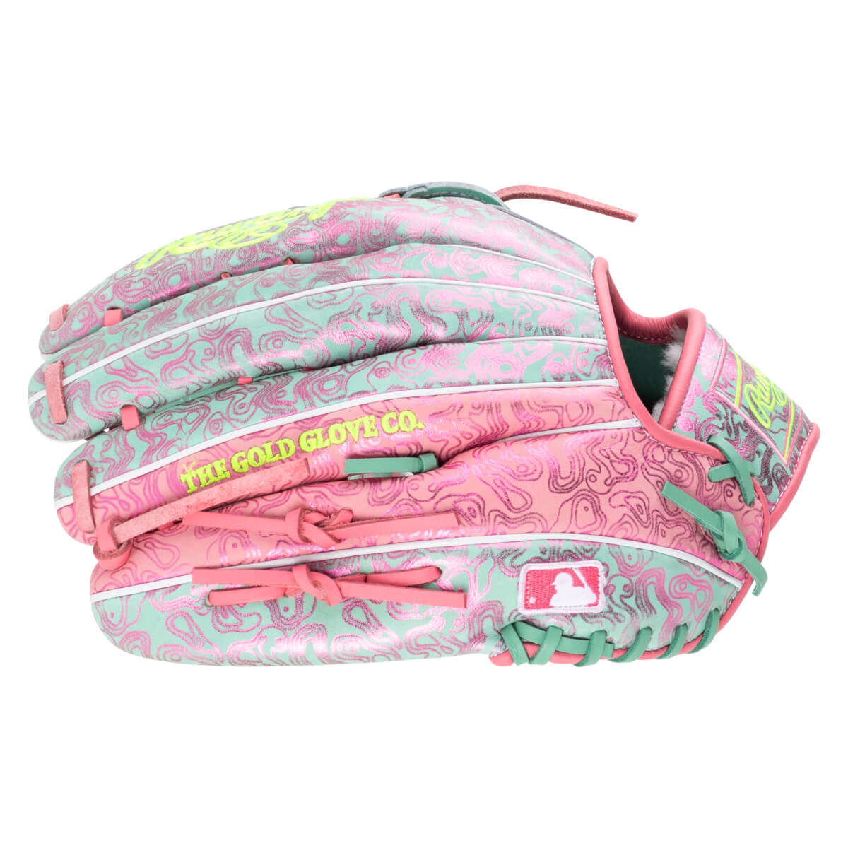 Front view of a baseball glove with a pink and teal swirled pattern, featuring "THE GOLD GLOVE CO." text and an MLB logo.