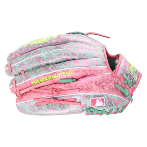 Front view of a baseball glove with a pink and teal swirled pattern, featuring "THE GOLD GLOVE CO." text and an MLB logo.