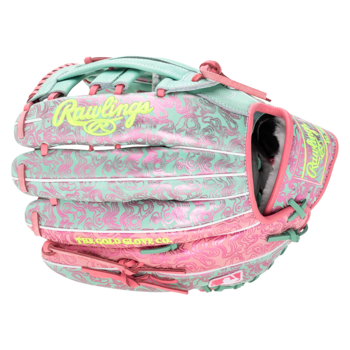 Front view of a baseball glove with a pink and mint green swirl pattern, featuring "Rawlings" and "THE GOLD GLOVE CO." text.