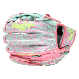 Front view of a baseball glove with a pink and mint green swirl pattern, featuring "Rawlings" and "THE GOLD GLOVE CO." text.