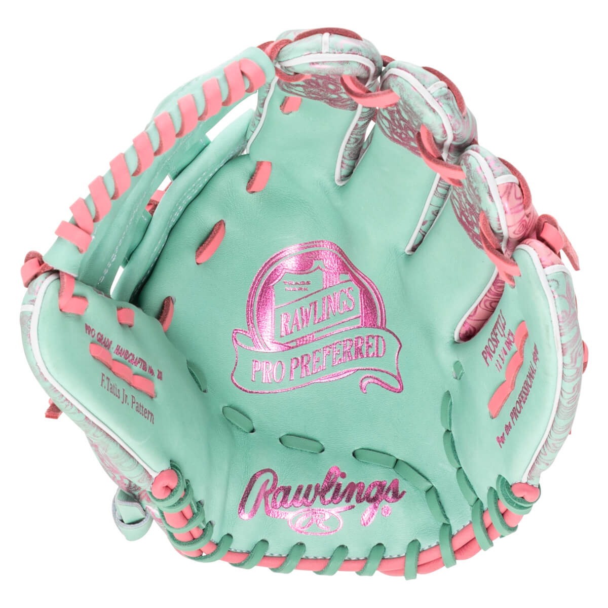 Top-down view of a mint green Rawlings Pro Preferred baseball glove with pink lacing and metallic pink logos.