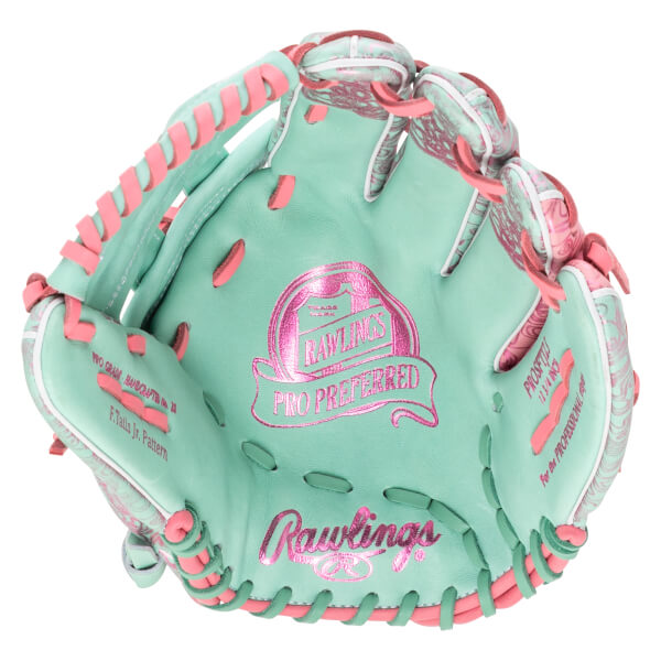 Top-down view of a mint green Rawlings Pro Preferred baseball glove with pink lacing and metallic pink logos.