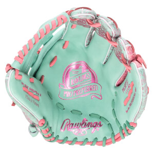 Top-down view of a mint green Rawlings Pro Preferred baseball glove with pink lacing and metallic pink logos.