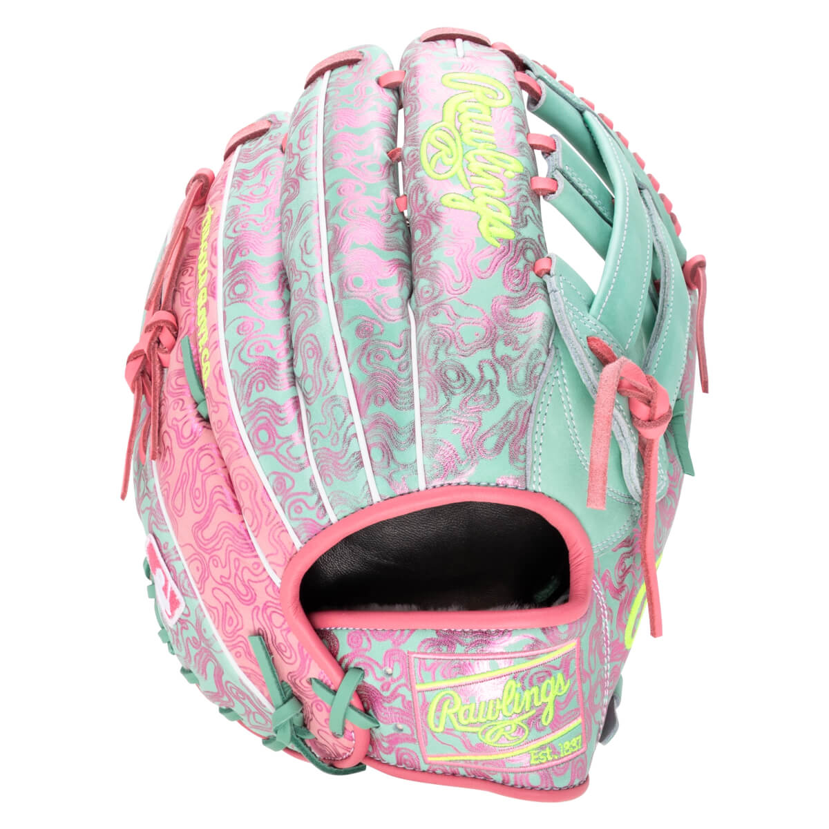 Front view of a pink and teal baseball glove with a swirling pattern, featuring "Rawlings" in neon yellow.