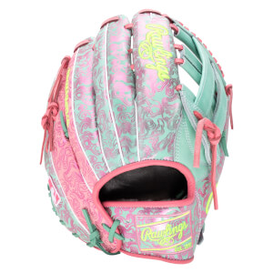 Front view of a pink and teal baseball glove with a swirling pattern, featuring "Rawlings" in neon yellow.