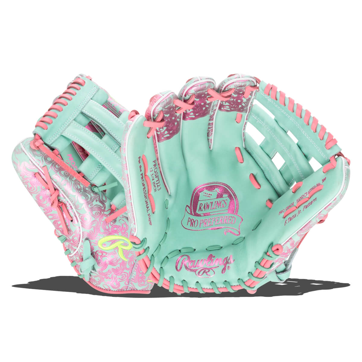Front view of a mint green baseball glove with pink lacing and a pink swirl pattern, featuring "Rawlings Pro Preferred" branding.