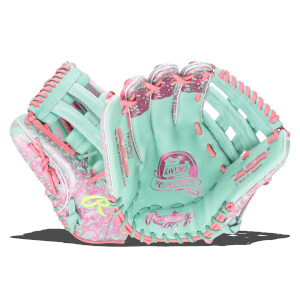 Front view of a mint green baseball glove with pink lacing and a pink swirl pattern, featuring "Rawlings Pro Preferred" branding.