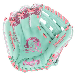 Front view of a mint green baseball glove with pink lacing and floral accents, featuring "Rawlings Pro Preferred" branding.