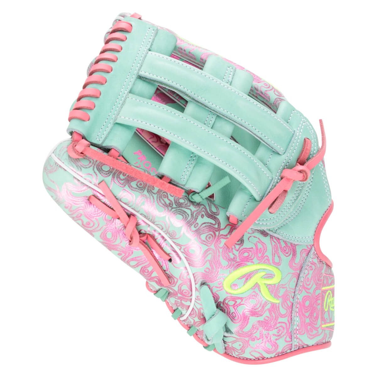 Side view of a mint green baseball glove with pink swirling patterns and laces, featuring a yellow Rawlings logo.