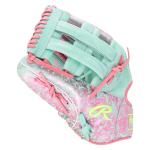 Side view of a mint green baseball glove with pink swirling patterns and laces, featuring a yellow Rawlings logo.
