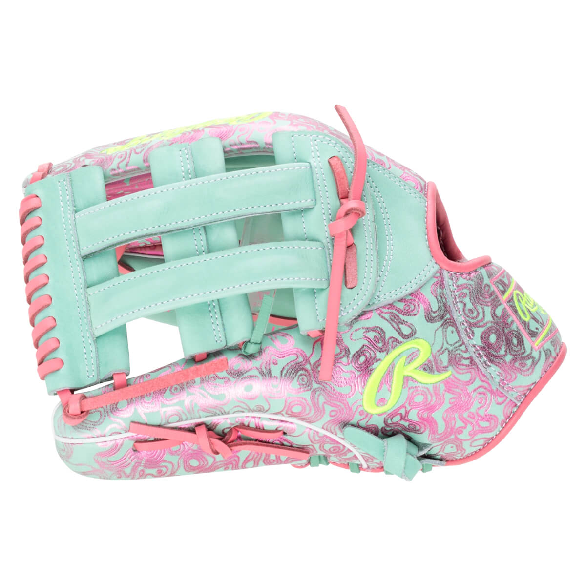 Side view of a teal baseball glove with pink lacing and a swirling pink pattern, featuring a neon yellow "R" logo.