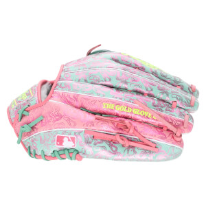 Side view of a pink and teal baseball glove with a swirling pattern and "THE GOLD GLOVE" text.
